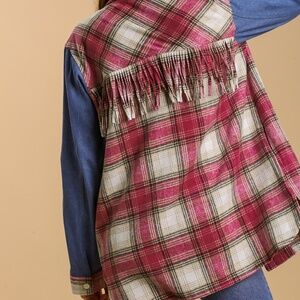 Umgee's Magenta Mix Plaid Shacket with Denim Sleeves